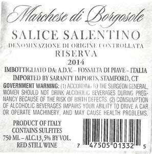 Drink Label Marchese Di Borgosole Salice Salentino Riserva A D V