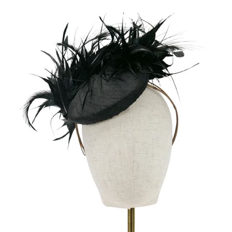 Black Silk Percher Headpiece With Feather Trim Jenny Roberts Millinery