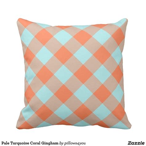 Pale Turquoise Coral Gingham Throw Pillow Zazzle Throw Pillows