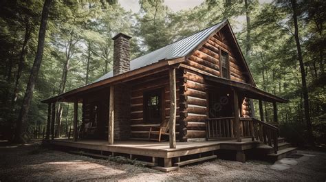 Log Cabin Sits In The Woods With Trees Surrounding It Background