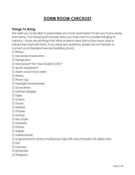 Free Printable Dorm Room Checklist Templates