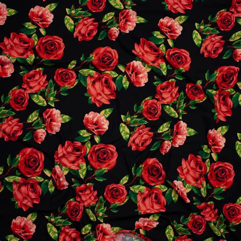 cali fabrics red roses  green leaves  black double brushed poly