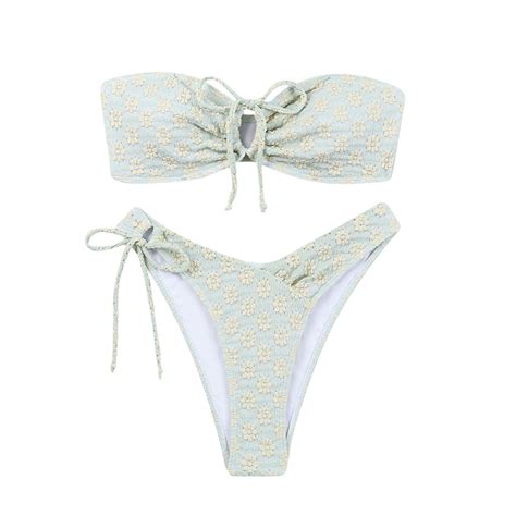 CKpwisy Women S Bandeau Bikini Set Ruched High Cut Swimwear Tie Side