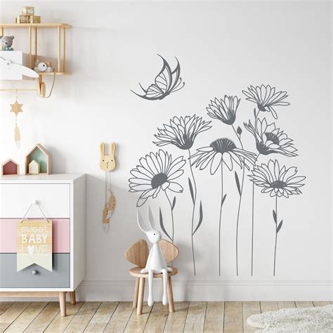 Flowers and butterfly wall decals floral wall decor meadow grass living ...