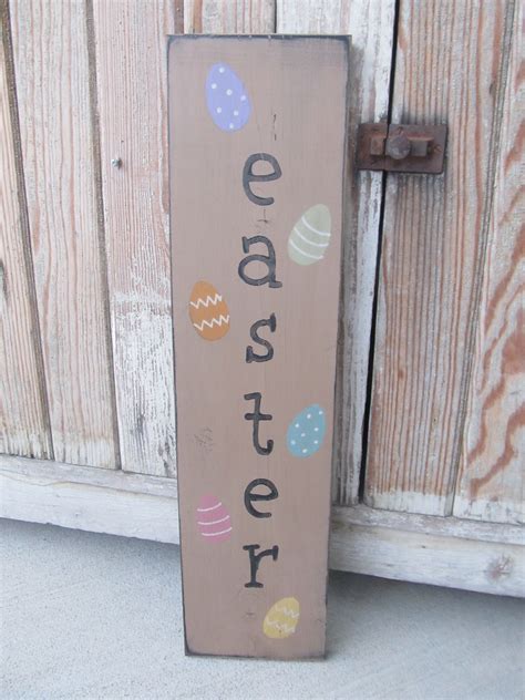 Primitive Easter Vertical Wood Sign With Colored Easter Eggs