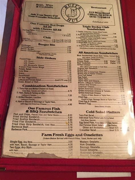 Menu at Rutt's Hut restaurant, Clifton