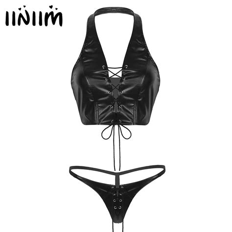 Women Lingerie Set Faux Leather Lace Up Bikini Lingerie Set Halter Crop Top With Mini String