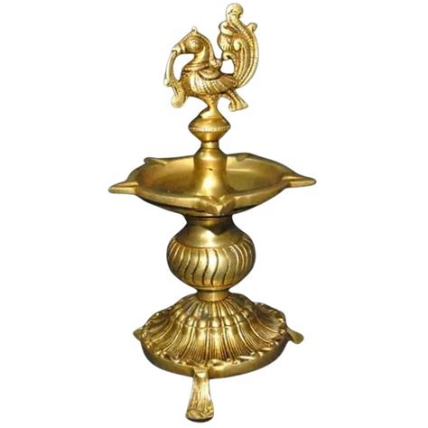 Brass Five Face Peacock Design Diya With Stand Oil Lamp At Rs