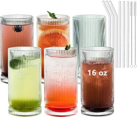 Kemorela Ribbed Glassware Set Of 6 Origami Style 16 Oz Xl Drinking Glasses With