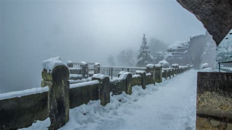 Fog on the Bastei Bridge in Winter, Saxon Switzerland National Park ...