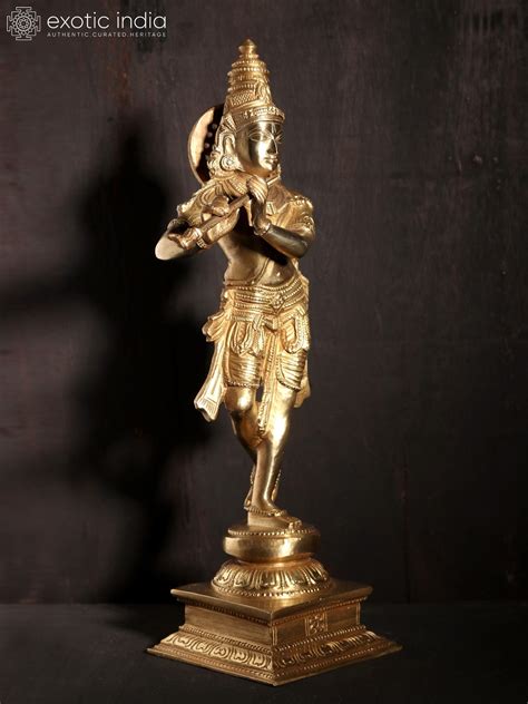 Standing Lord Krishna Bronze Statue Playing Flute Hoysala Art