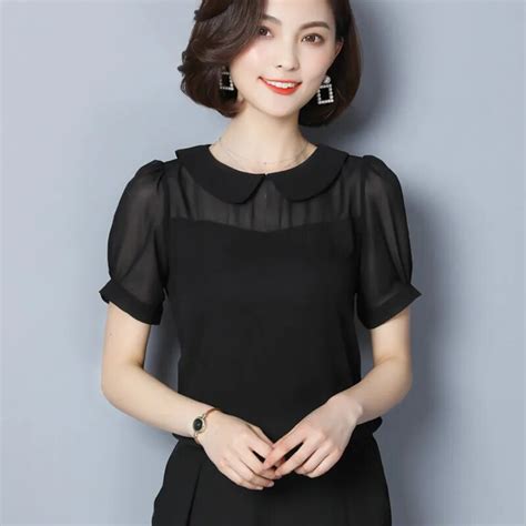 2018 Short Sleeve Peter Pan Collar Black Chiffon Shirts Women Sweet