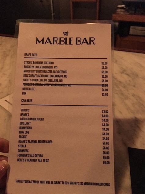 Menu at Marble Bar, Detroit