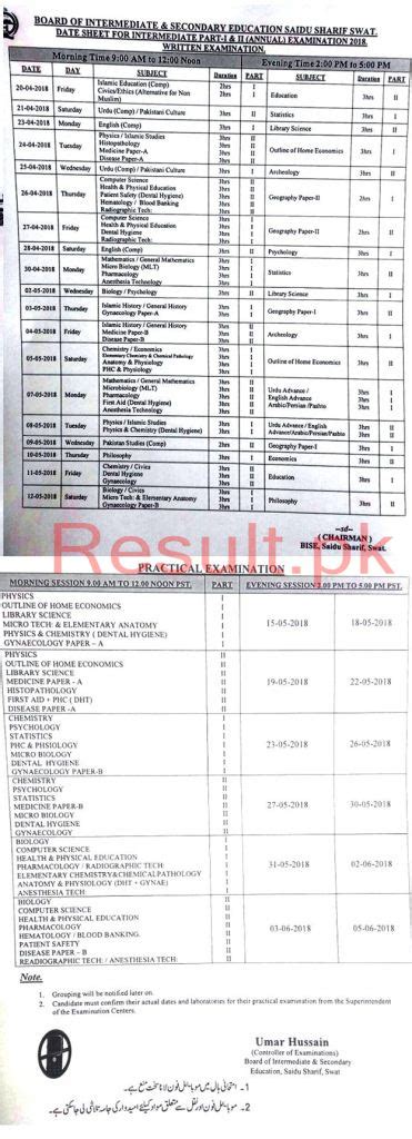 Bise Swat Board Date Sheet Inter Part Hssc Fa Fsc Inter