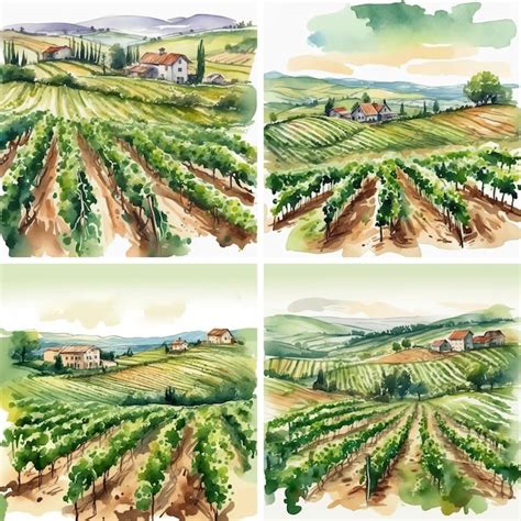 Premium Photo Set Of Green Vineyard Landscapes Watercolor Hand