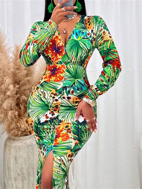 Tropical Print Plunging Neck Split Thigh Dress Shein Usa