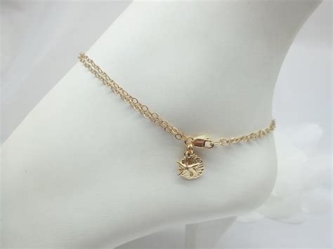 14k Gold Anklet Double Strand Gold Chain Anklet Gold Anklet Star Fish ...