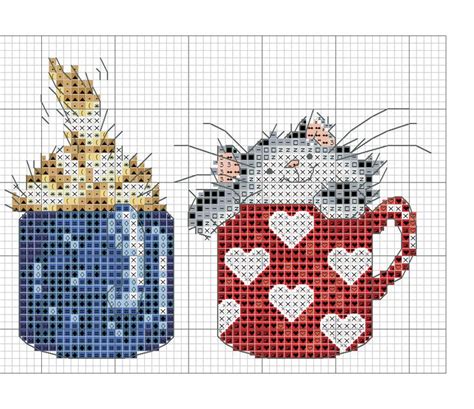 Two Cross Stitch Mugs With Cats In Them