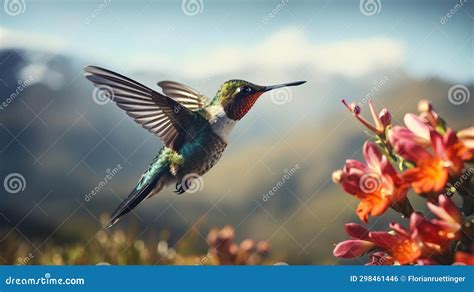 Hummingbird Feeding On Alpine Flowers With Mountain Vista Stock