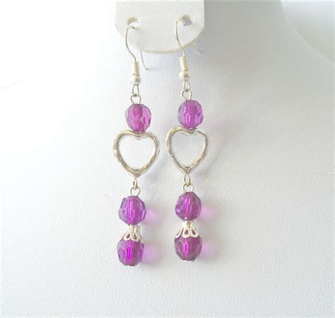 Purple Heart Earrings Long Earrings Beaded Earrings Unique | Etsy