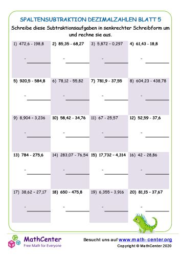 Spaltensubtraktion Dezimalzahlen Blatt Arbeitsbl Tter Math Center