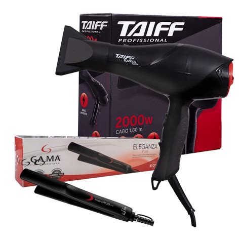 Kit Secador Cabelo Taiff Prof Black Ion 2000W 127V Prancha Gama