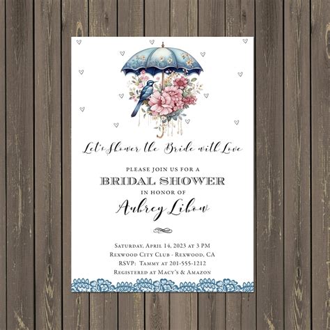 Umbrella Bridal Shower Invitation, Umbrella Bird Flowers Gift Card Shower, Shower the Bride With ...