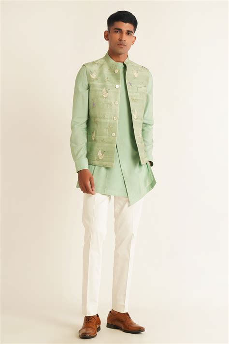 Buy Green Silk Embroidery Zari Floral Jawahar Jacket For Men By Dhruv