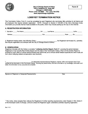 Fillable Online Cityofchicago Form D Lobbyist Termination Notice