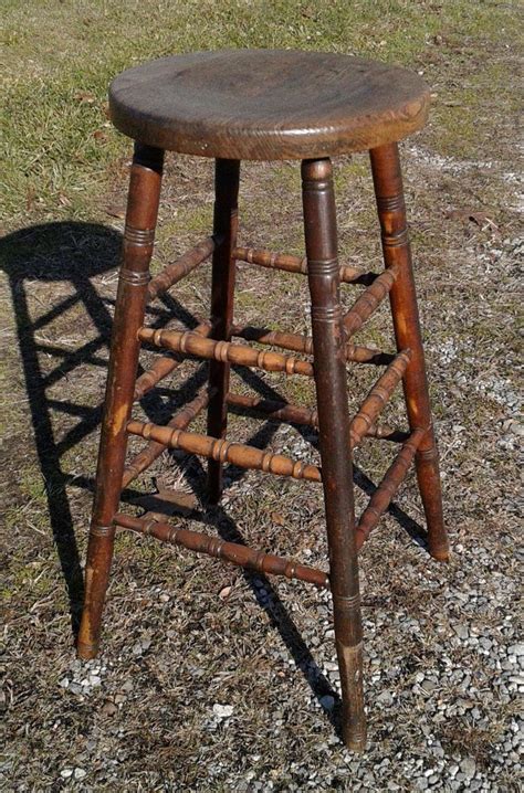 Antique Oak Bar Shop Wooden Stool Round Top 1880 Era Primitive Wooden