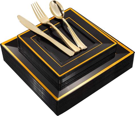 Wdf Pieces Black Square Plastic Plates With Gold Rim Gold