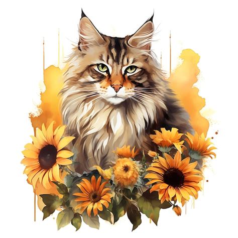 Premium Ai Image Watercolor Maine Coon Cat Surrounded With Sunflowers