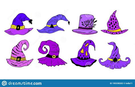 Hand Drawn Purple Witch Magic Hat Set In Doodle Style Halloween Vector Illustration For Card