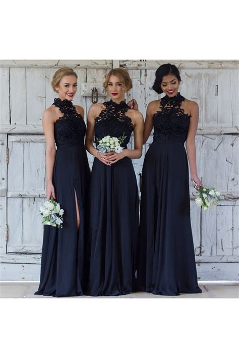 A Line Lace Navy Blue Long Bridesmaid Dresses 3010325