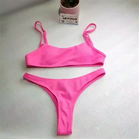 Female Two Piece Swimwear Neon Bikini Swimsuit Fluorescent Solid Color Bikini Thong Set