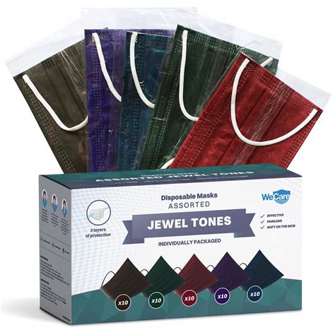 Disposable Face Masks 3 Ply Individually Wrapped 50ct Assorted Jewel Tones