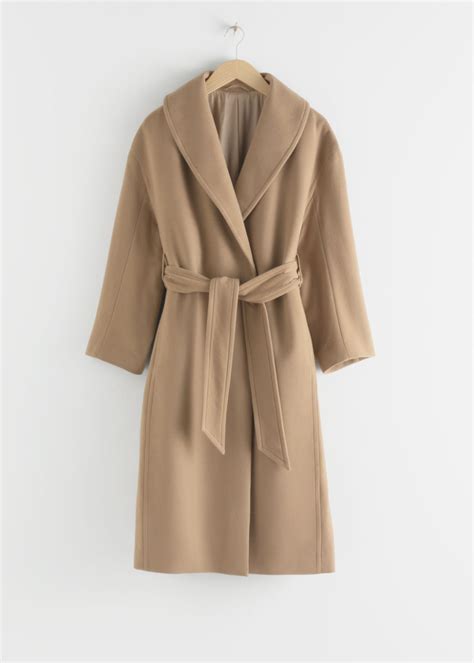 Wool Blend Maxi Wrap Coat Camel Notch Lapels Lightly Padded