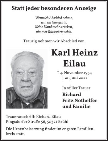 Traueranzeigen Von Karl Heinz Eilau WirTrauern