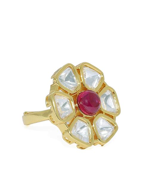 ACCESSHER Golden Brass Flower Shaped Kempu Stone Finger Ring For Women