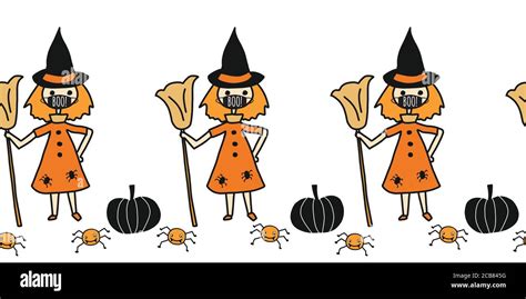 Seamless Vector Border Halloween Witch Wearing Face Mask Pumpkin