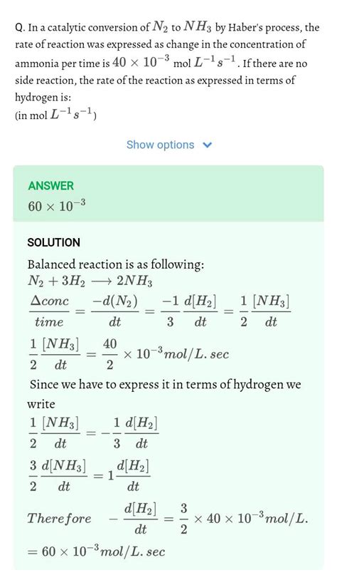 Q In A Catalytic Conversion Of N2 To Nh3 By Habers Process The Rate