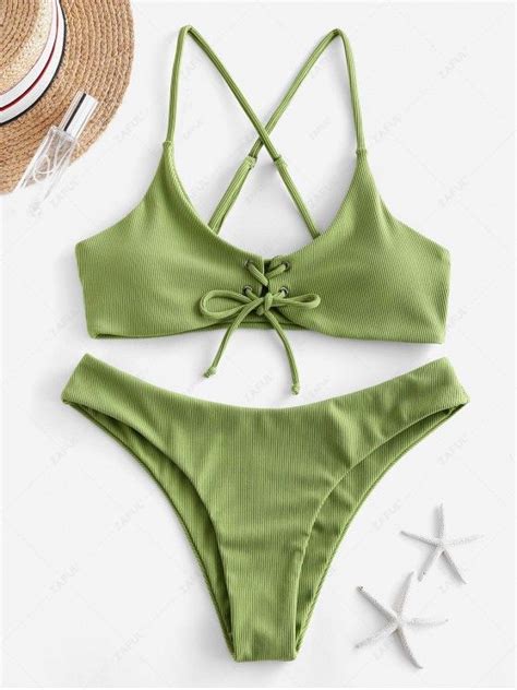 Off Zaful Bikini Acanalado Con Encaje En Serpiente Verde