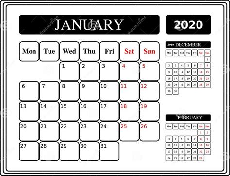 2020 January Calendar Template January 2020 Desk Calendar Planner