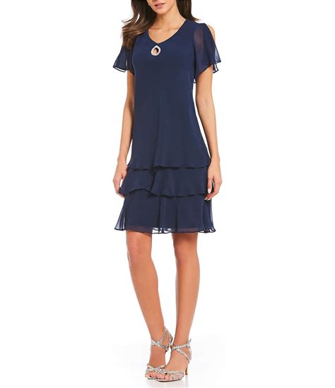 Marina Tiered Chiffon Rhinestone Keyhole V Neck Flutter Short Sleeve Dress Dillard S Flutter