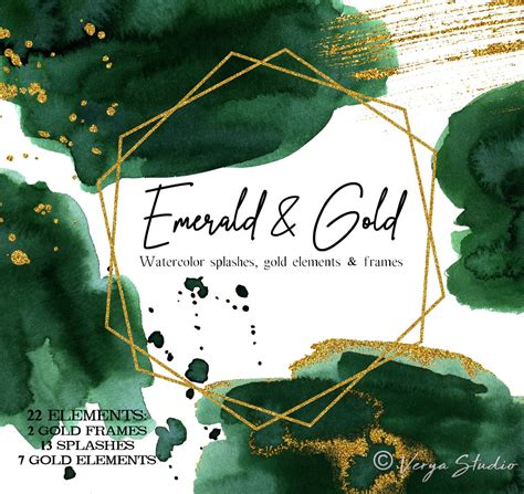 Emerald Green Watercolor Splashes Gold Frames Brushes Clipart Wedding