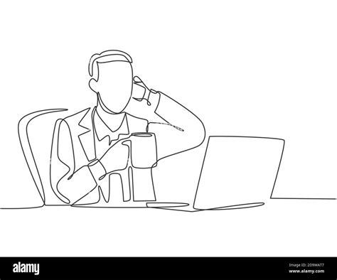 Single continuous line drawing of young happy manager sitting at his work desk and calling his ...