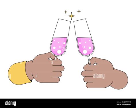 Champagne Glasses Clinking Linear Cartoon Character Hands Illustration Stock Vector Image And Art