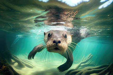 Otter Swimming Underwater, with Its Head Above Water and Eyes Open Stock Illustration ...