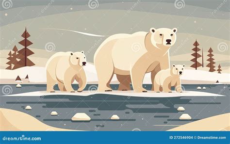 Polar Bear Mother And Cubs In Natural Arctic Habitat Illustration