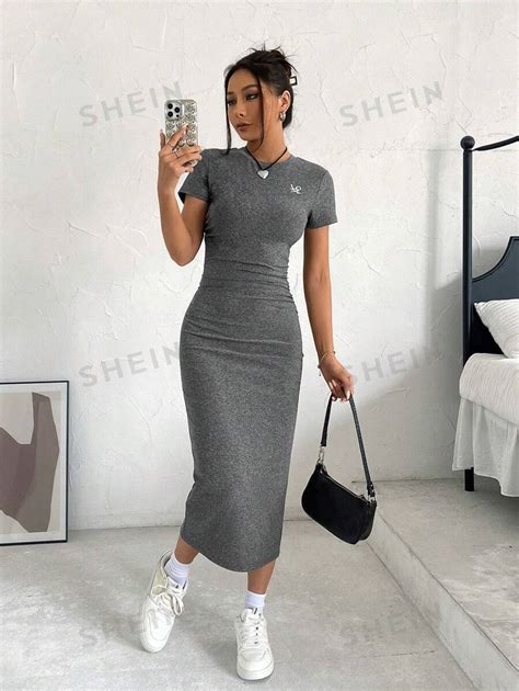 Shein Ezwear Letter Embroidery Ruched Bodycon Dress Shein Usa